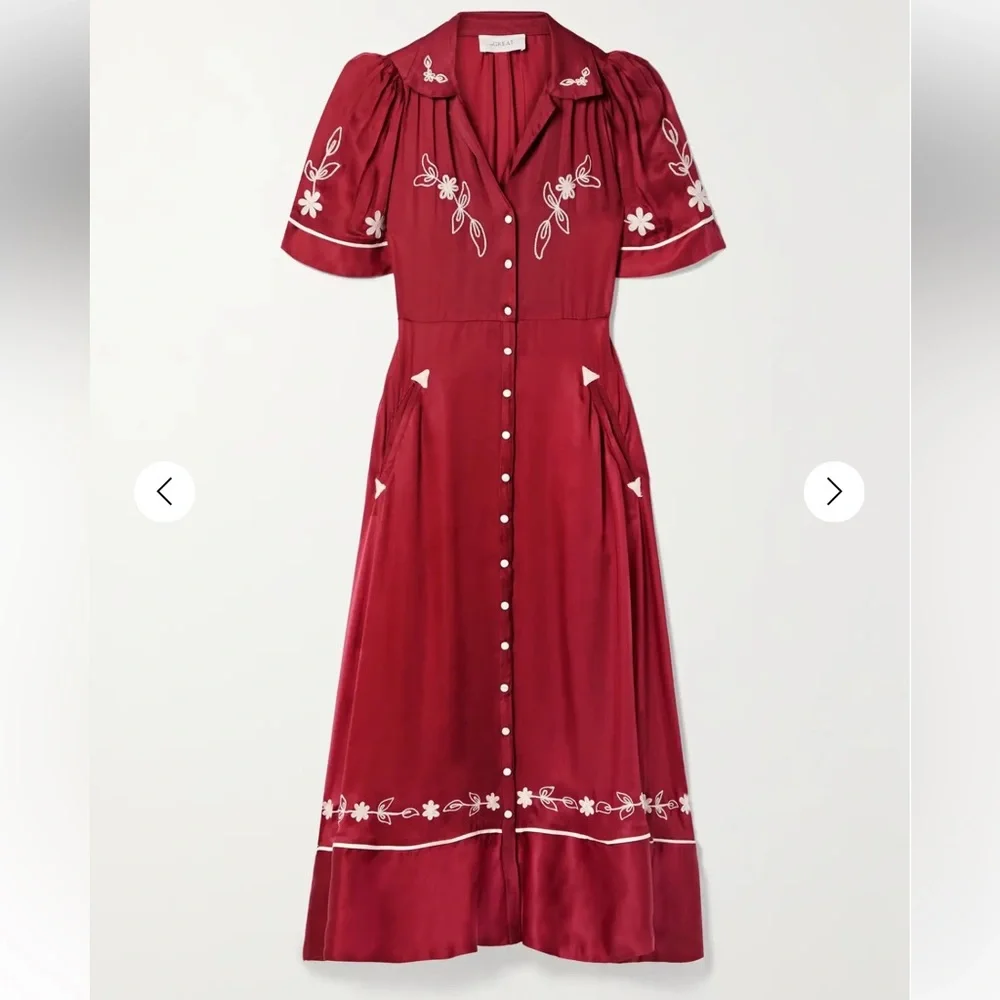 THE GREAT. Red Embroidered Button-Front Maxi Dress - Picture 2 of 8